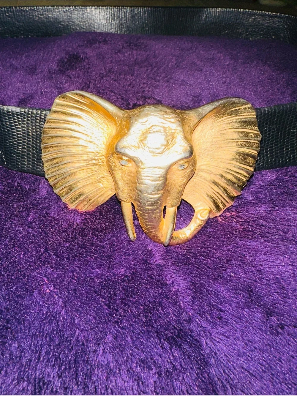 Vintage 90's Doreen Ryan Gold Tone Elephant Belt Buckle Hook & Brown Belt SIGNED
